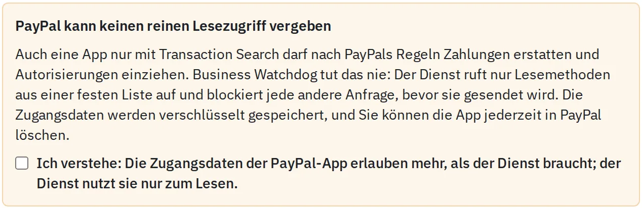 Hinweis im Business-Watchdog-Dashboard: PayPal kann keinen reinen Lesezugriff ausstellen, mit Bestätigungsfeld