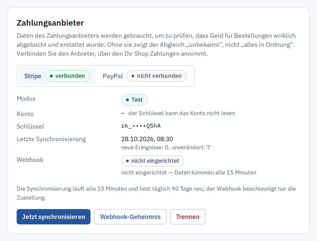 Stripe-Verbindung im Business-Watchdog-Dashboard: Testmodus, eingeschränkter Schlüssel als rk_ mit vier Punkten