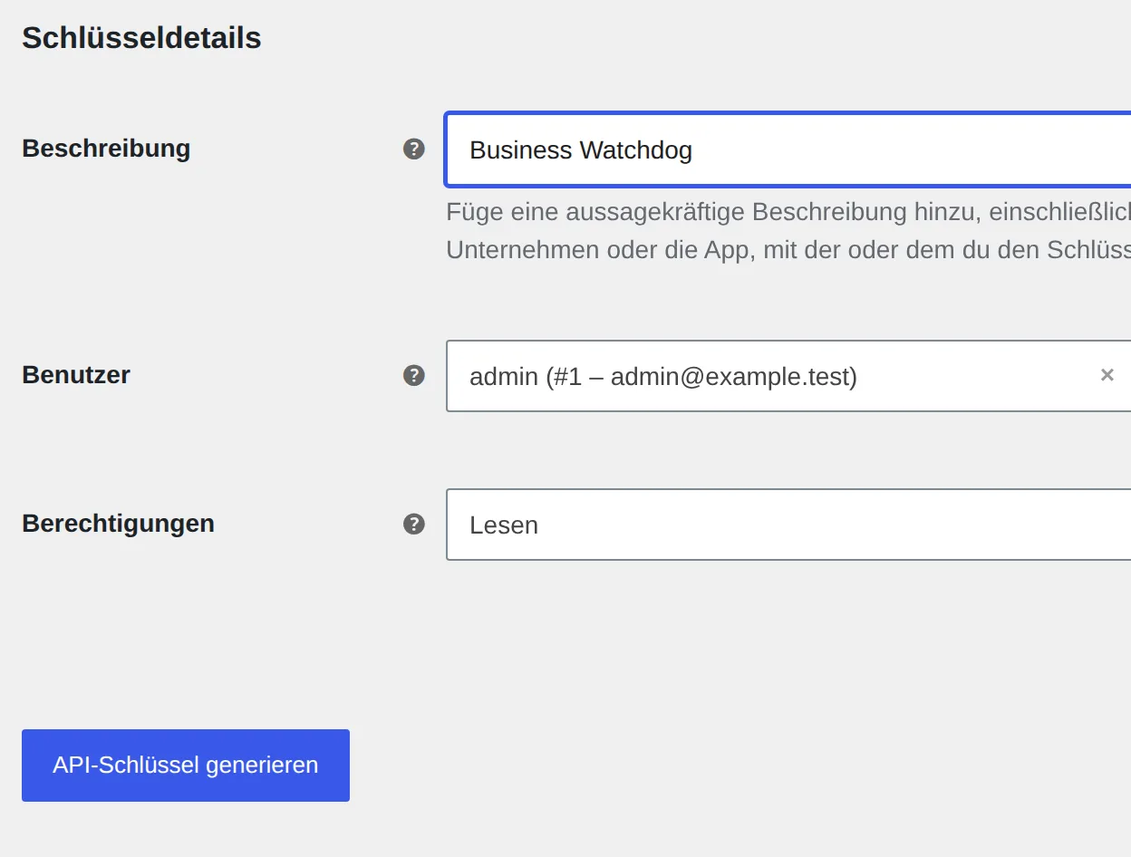 Formular für einen WooCommerce-REST-API-Schlüssel mit der Beschreibung Business Watchdog und der Berechtigung Lesen