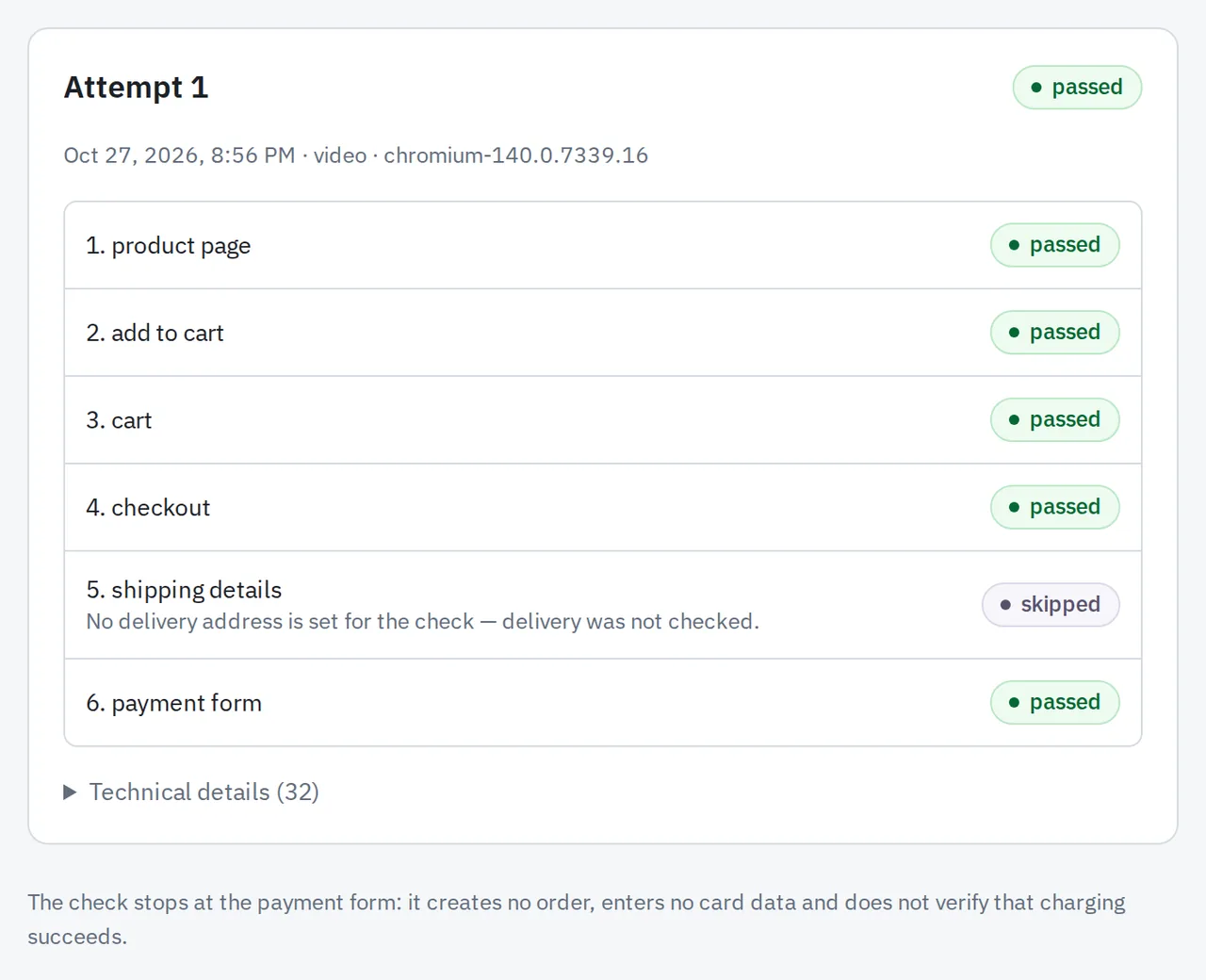 Result of a checkout check in the dashboard: product page, add to cart, cart, checkout and payment form passed