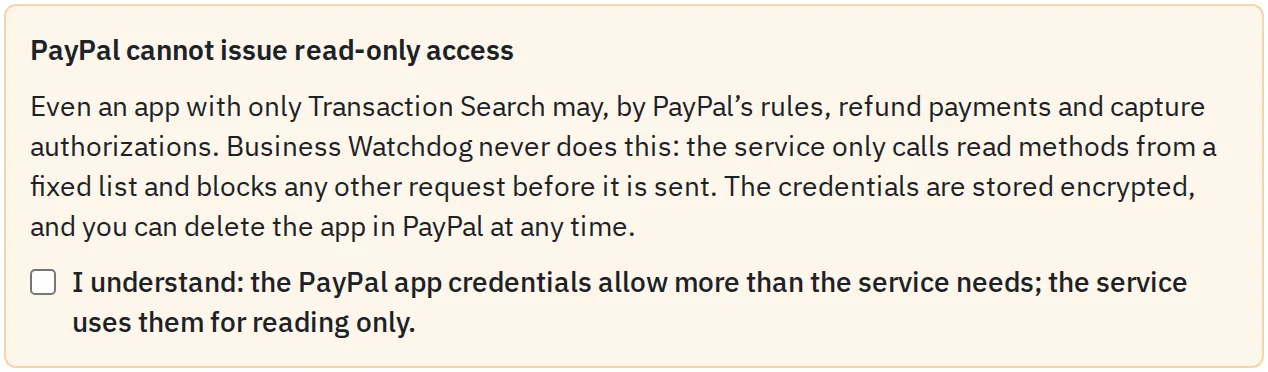 Warning in the Business Watchdog dashboard: PayPal cannot issue read-only access, with a confirmation checkbox
