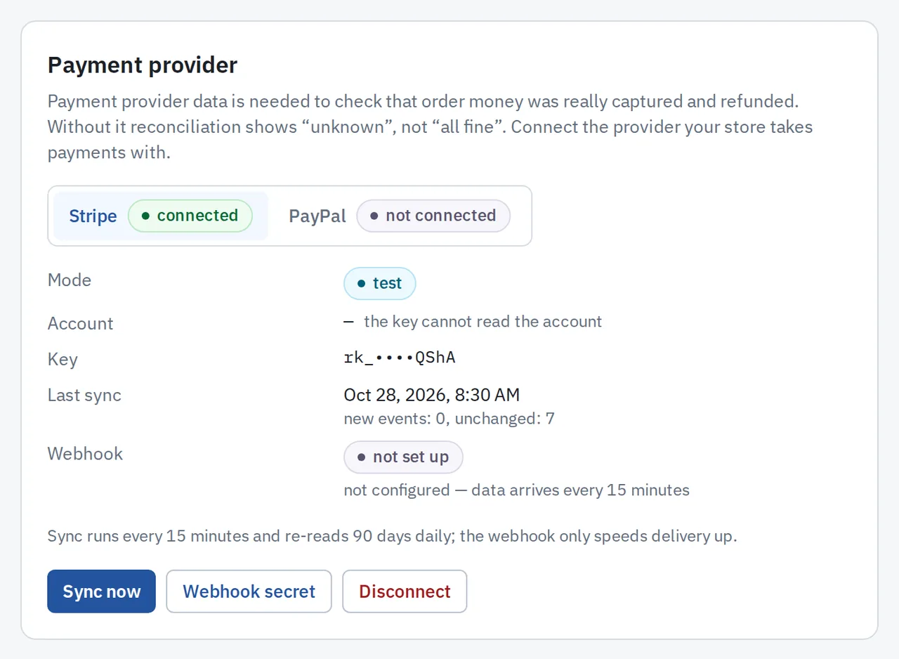 Stripe connection in the Business Watchdog dashboard: test mode, restricted key shown as rk_ and four dots