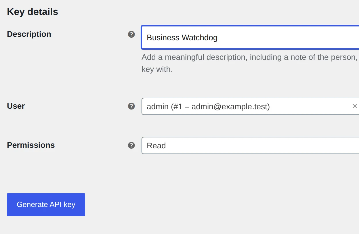 Форма ключа REST API WooCommerce с описанием Business Watchdog и правом Read