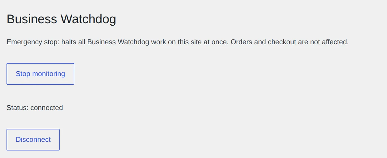 Seite des Business-Watchdog-Plugins in WordPress mit der Schaltfläche Stop monitoring und dem Status connected